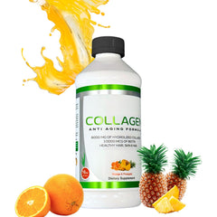 ZAFiNCO Pine'O'Range liquid collagen bottle front promoting radiant hair, skin, and nails.