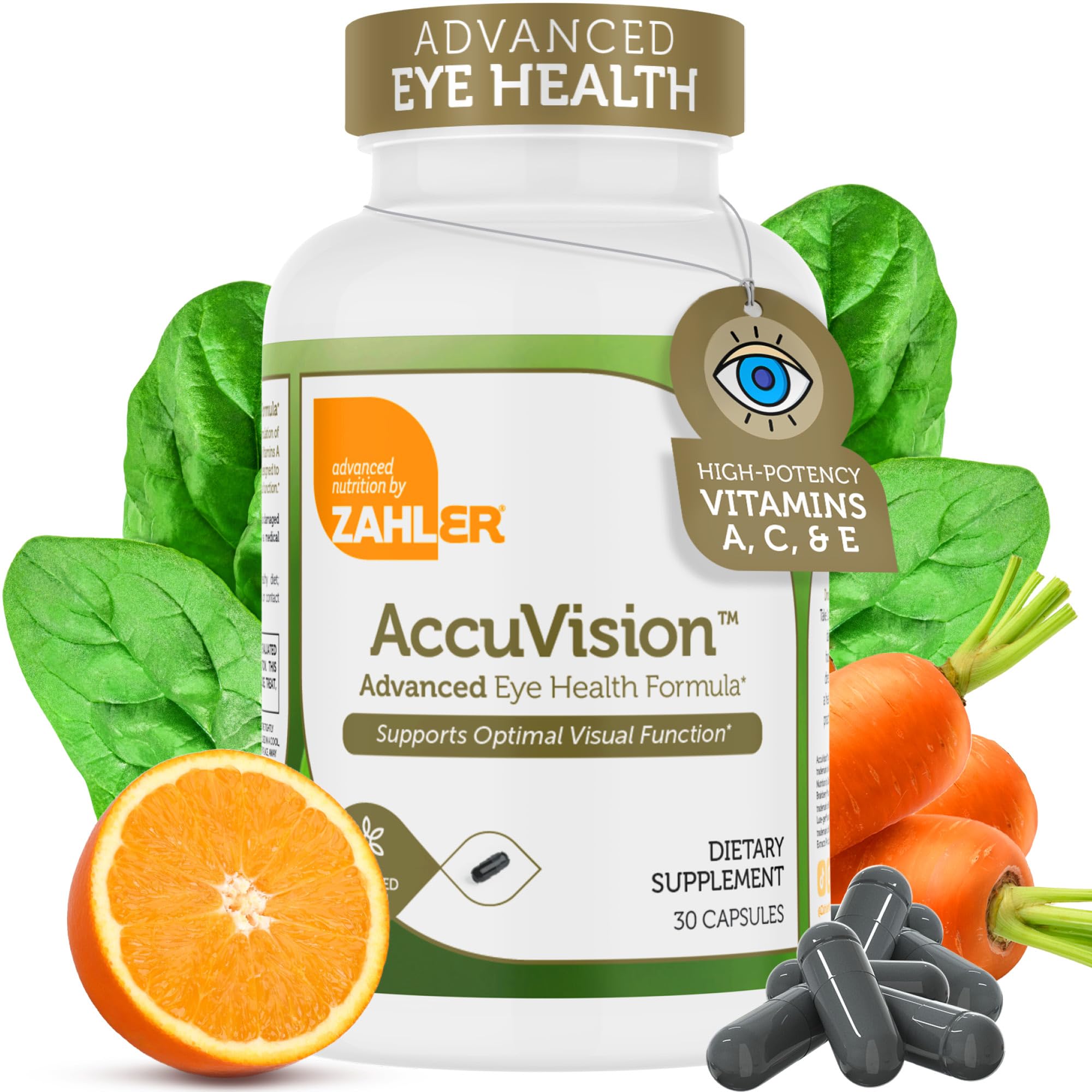 Zahler AccuVision bottle front showing an advanced eye health formula for daily support
