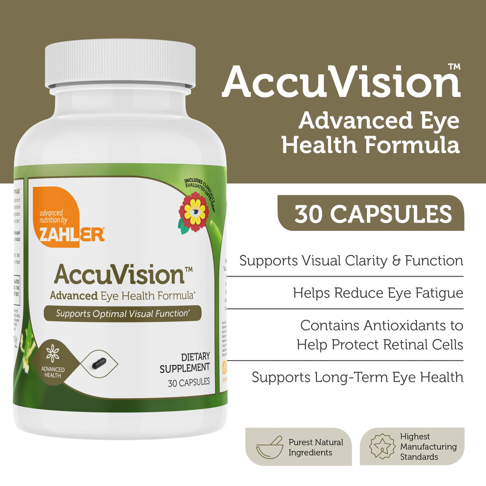 Zahler AccuVision capsules shown as dietary supplement for daily use
