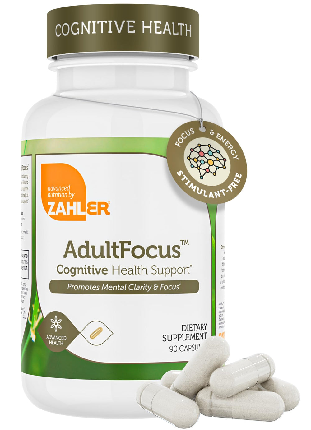 Zahler AdultFocus bottle front view highlighting focus support for daily tasks.