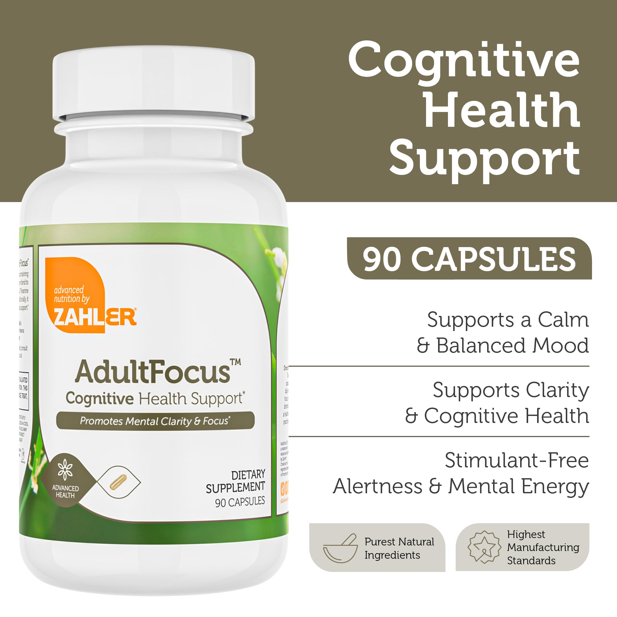 Zahler AdultFocus capsules close-up emphasizing cognitive support during demanding work sessions.