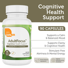 Zahler AdultFocus capsules close-up emphasizing cognitive support during demanding work sessions.