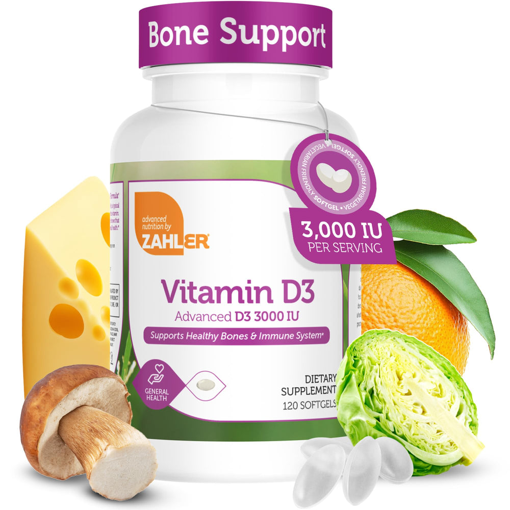 Zahler advanced Vitamin D3 softgels bottle supports bone and immune health.