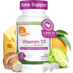 Zahler Advanced Vitamin D3 softgels in a bottle maximize daily bone and immune support.