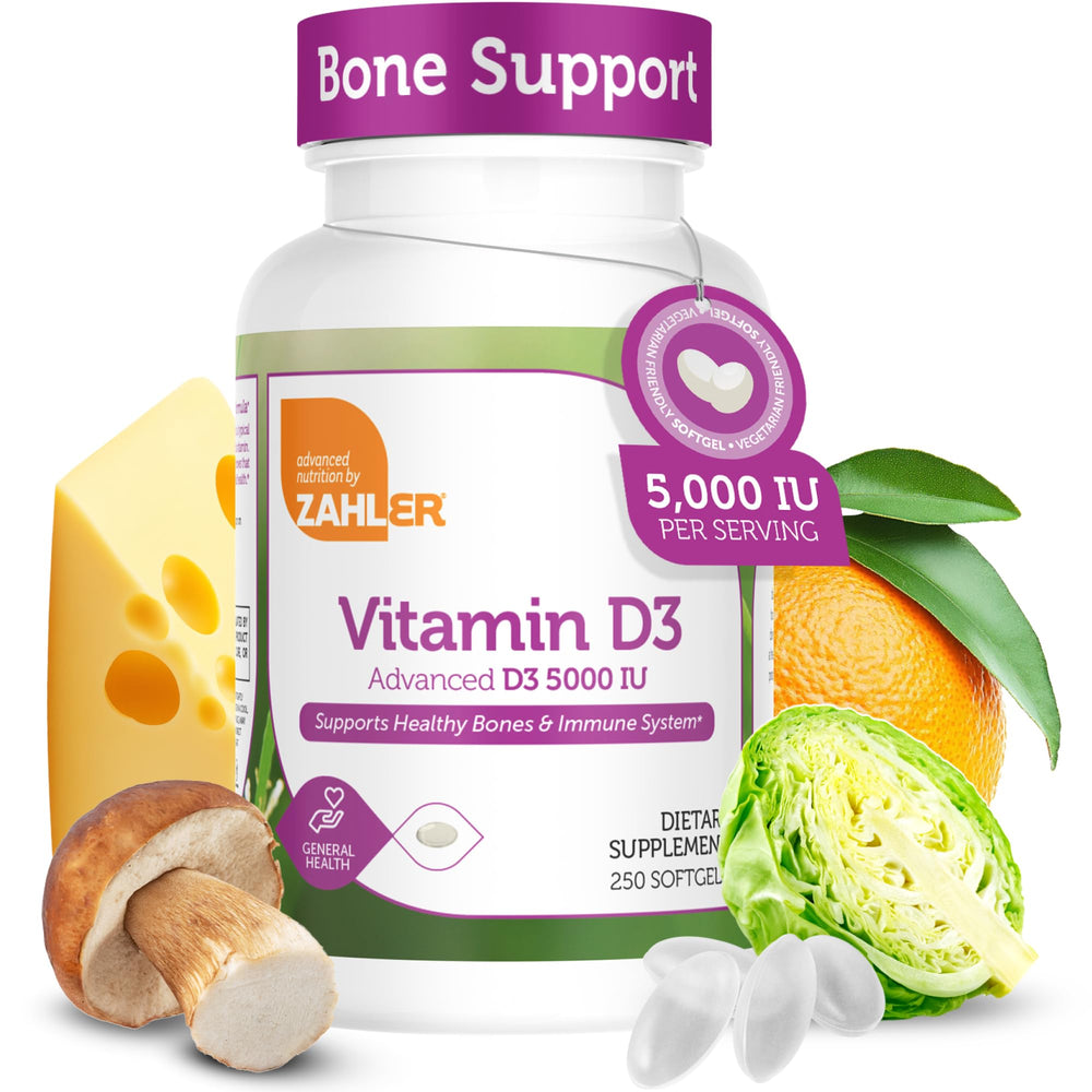 Zahler Advanced Vitamin D3 softgels bottle for easy daily immune and bone support.