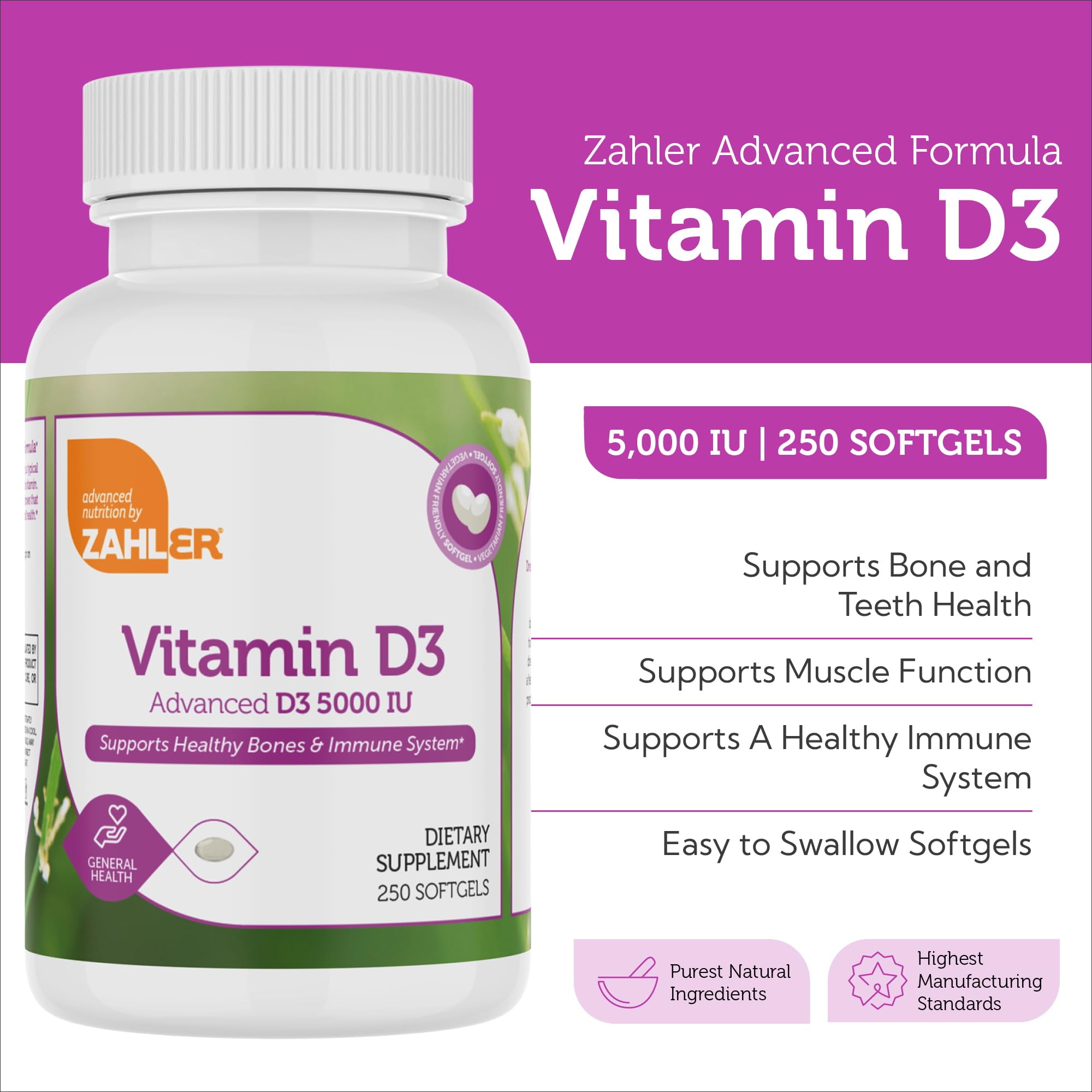 Zahler Vitamin D3 softgels capsules close-up highlighting potency and purity.