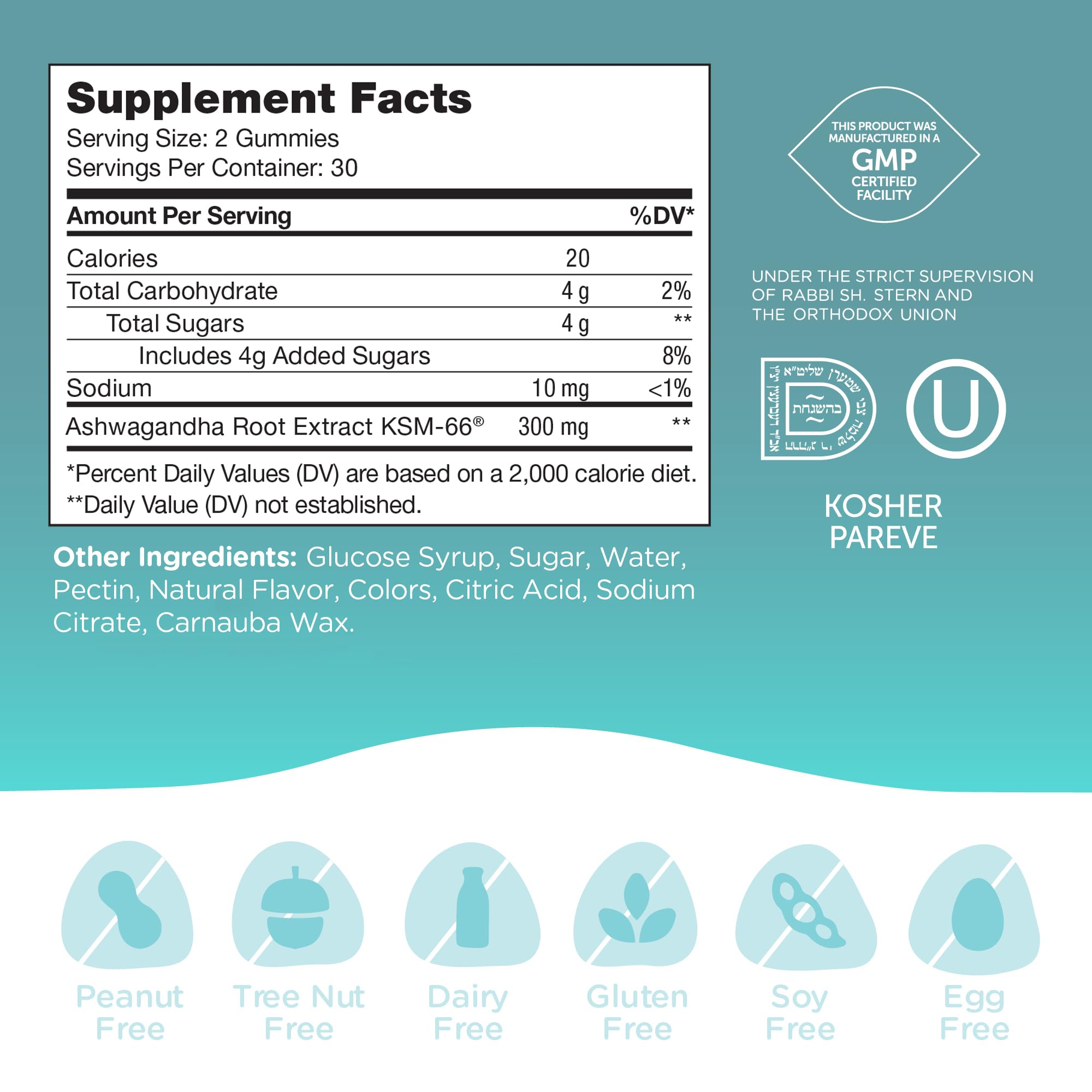 Kosher-certified Zahler Ashwagandha Gummies label and ingredients.