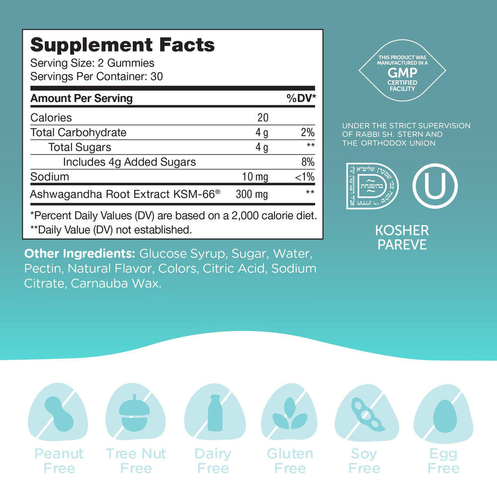 Kosher-certified Zahler Ashwagandha Gummies label and ingredients.