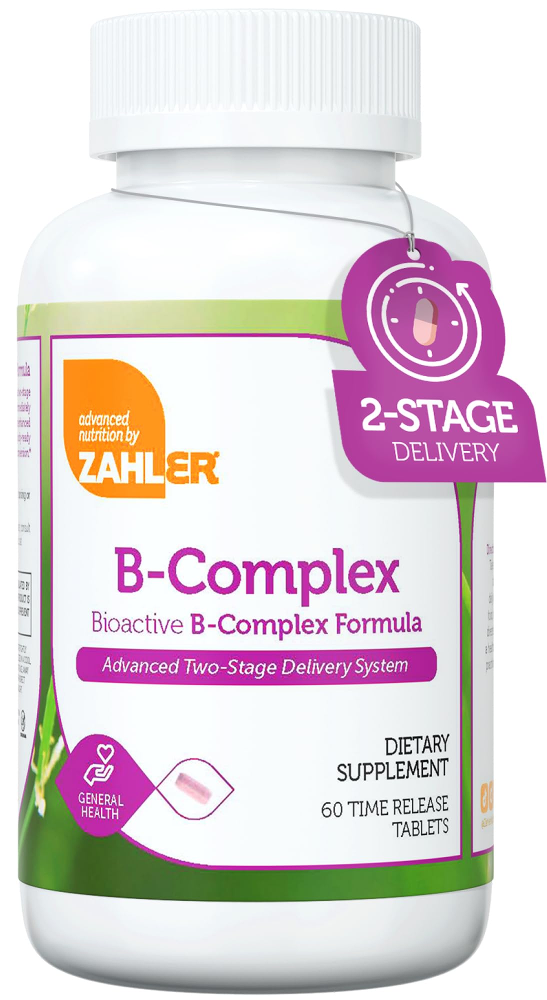Zahler B-Complex bottle and label highlighting a full B vitamin spectrum for daily energy