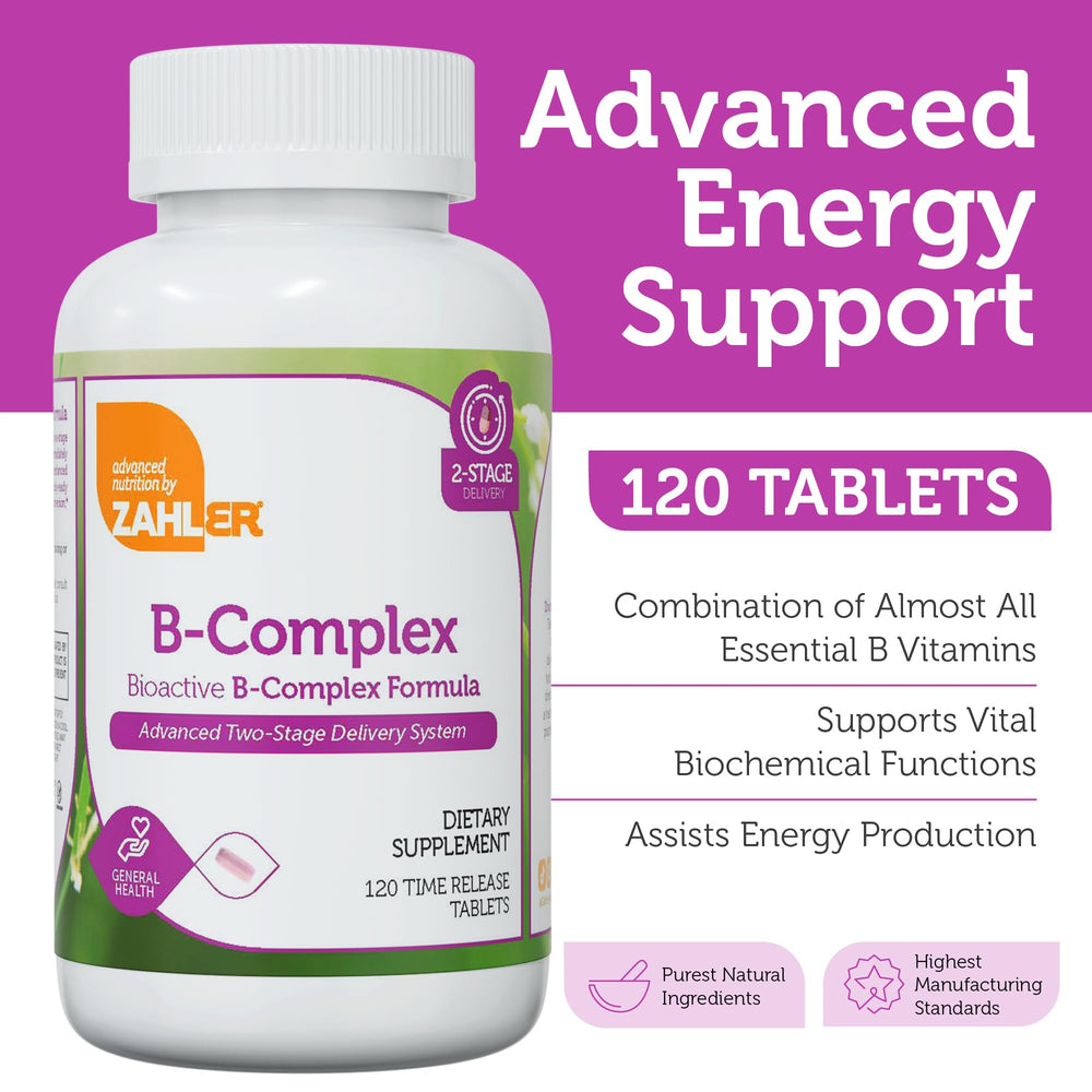 Zahler B-Complex capsules close-up on tablets.