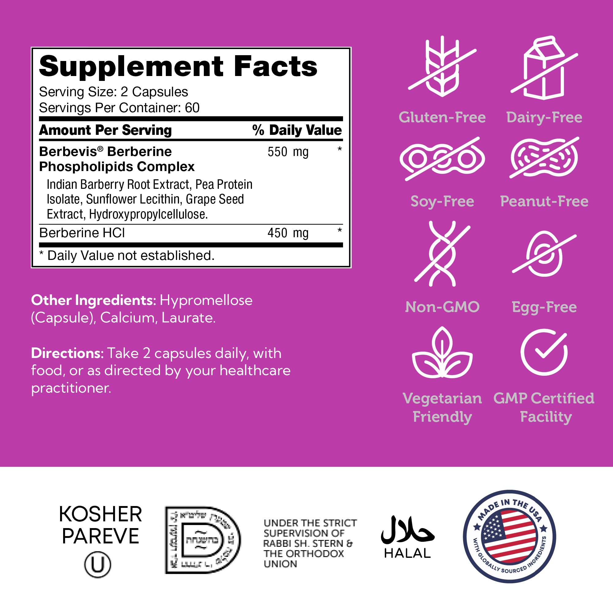 Zahler Berberine kosher and gluten free icons highlight a clean plant based supplement.