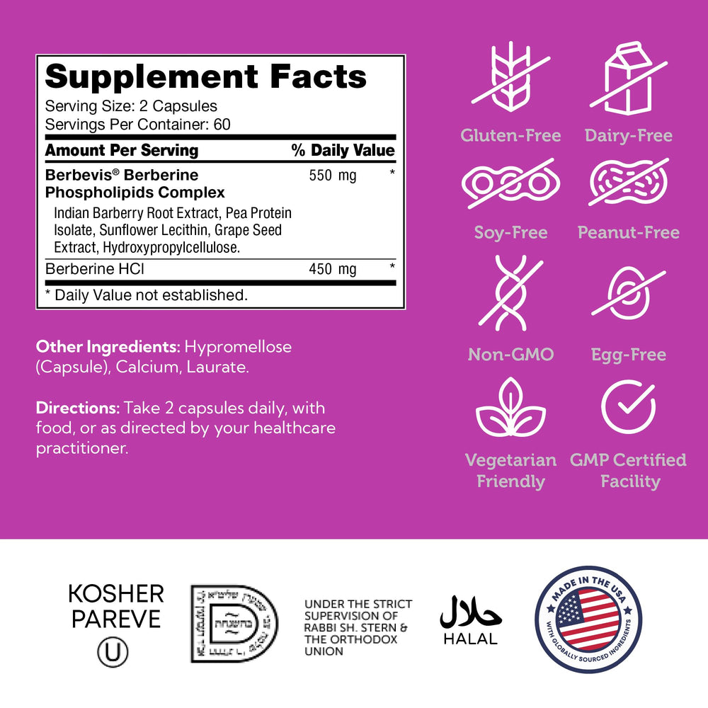 Zahler Berberine kosher and gluten free icons highlight a clean plant based supplement.