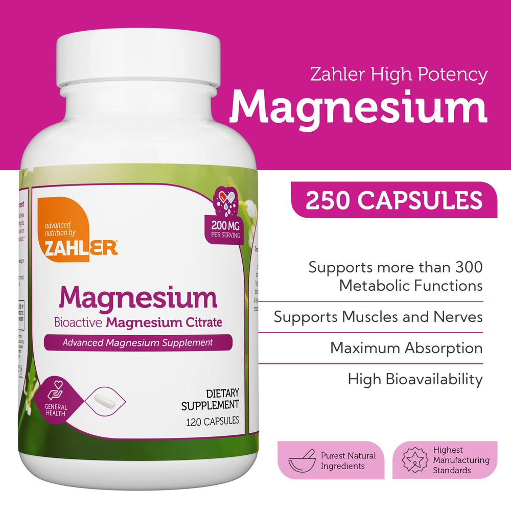 Zahler bioactive magnesium citrate 200mg capsules close-up showing absorption