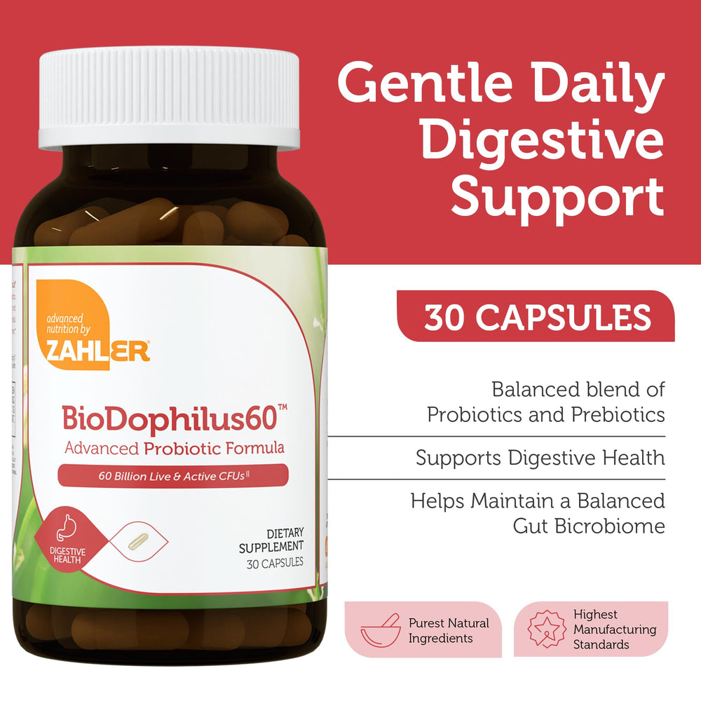 Zahler Biodophilus capsules close-up spotlighting 60 billion live cultures.