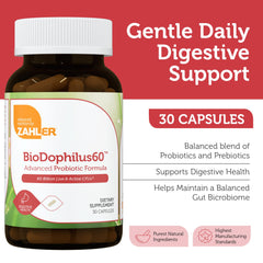 Zahler Biodophilus capsules close-up spotlighting 60 billion live cultures.