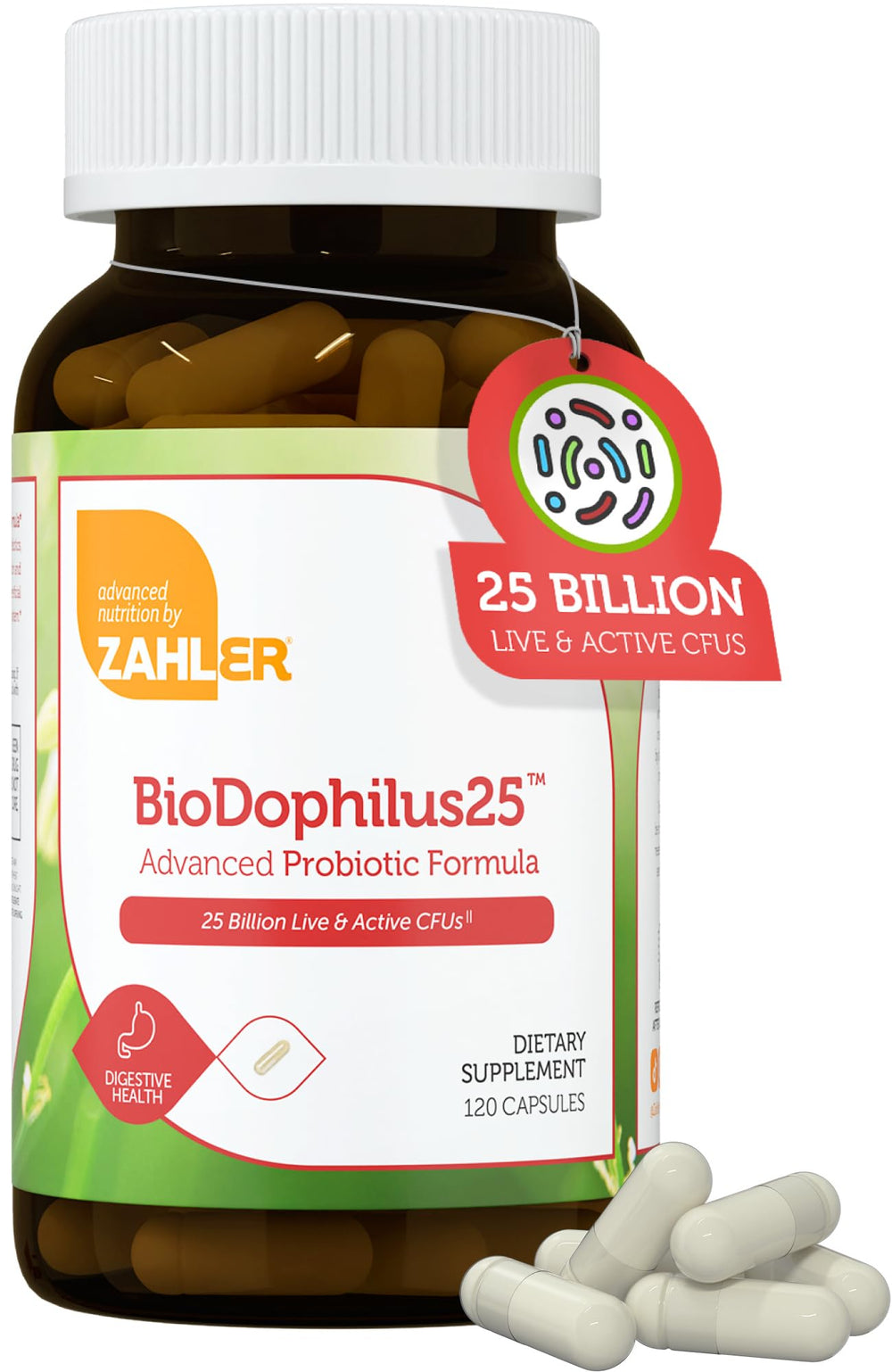 Zahler BioDophilus25 bottle front for daily gut support with 25B CFU.