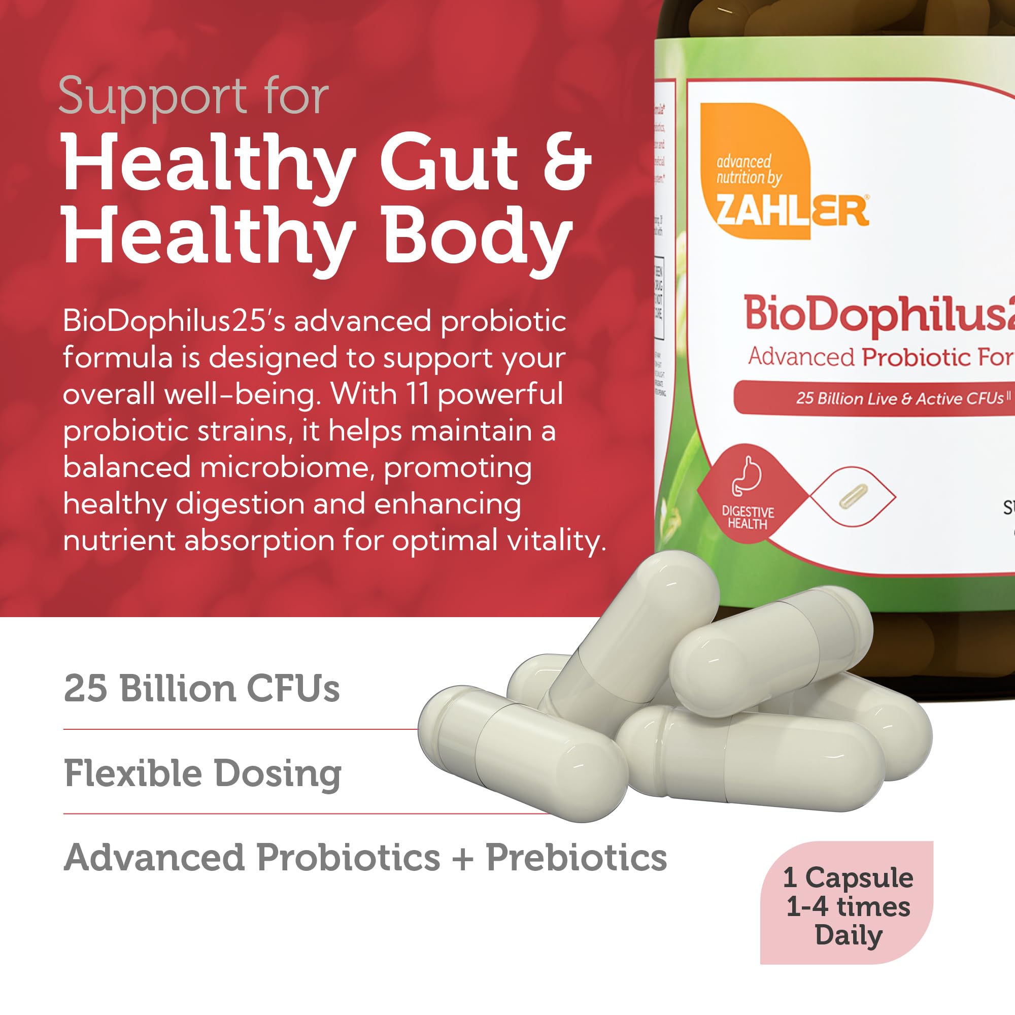 Zahler BioDophilus25 capsules close-up showing soft capsules