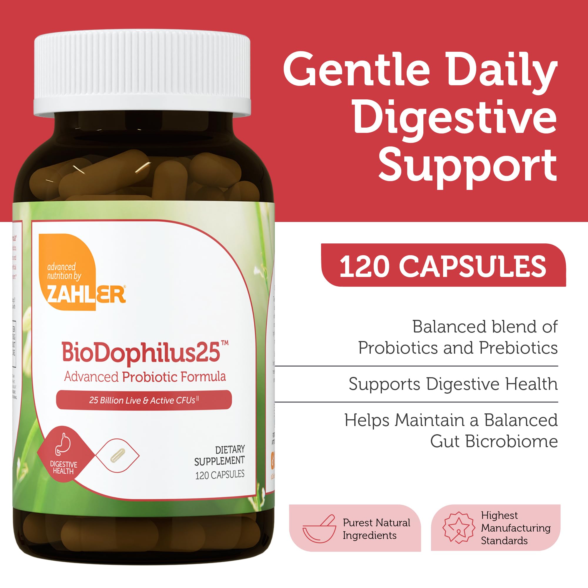 Zahler BioDophilus25 capsules close-up showing easy-to-swallow probiotic capsules for daily use.