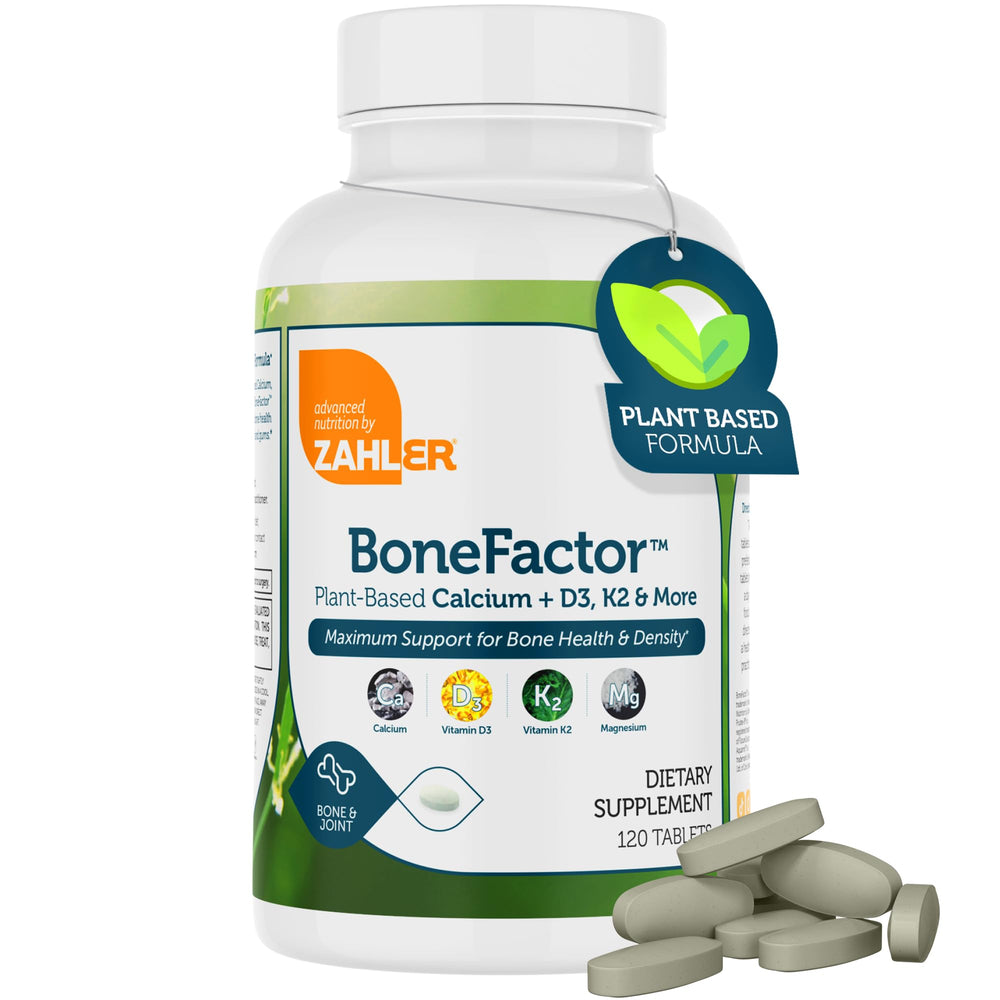 Zahler BoneFactor bottle label highlighting plant-based calcium for bone support.