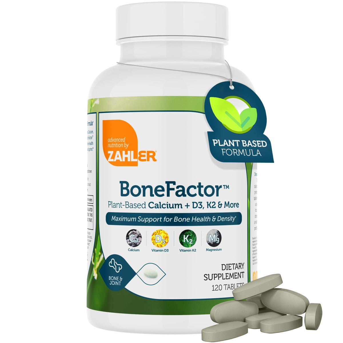 Zahler BoneFactor bottle label highlighting plant-based calcium for bone support.