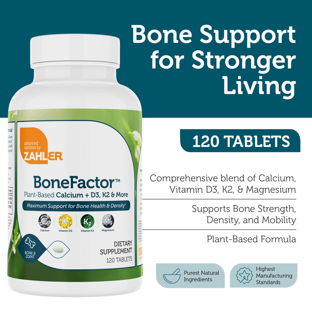 Zahler BoneFactor tablets close-up highlighting D3 and K2 for delivery.