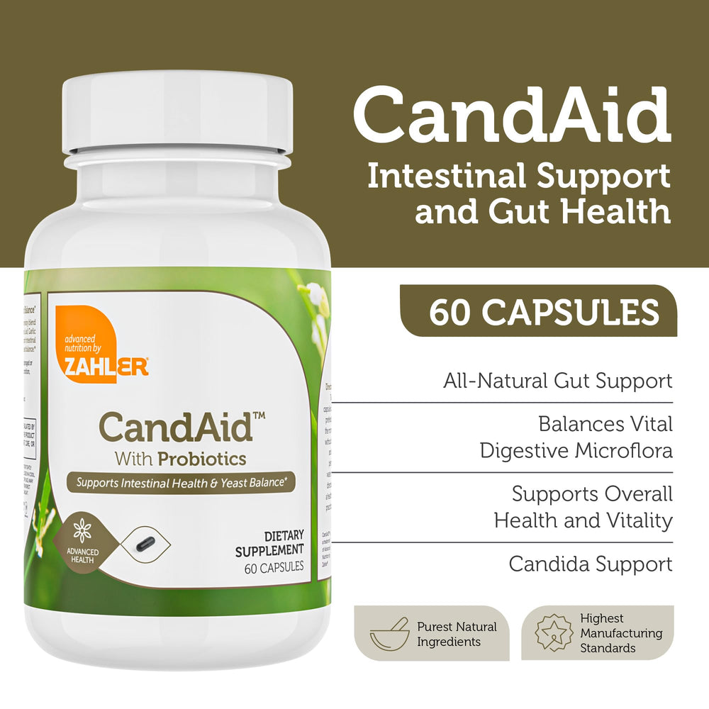 Zahler CandAid bottle label displays ingredients and gut health focus.