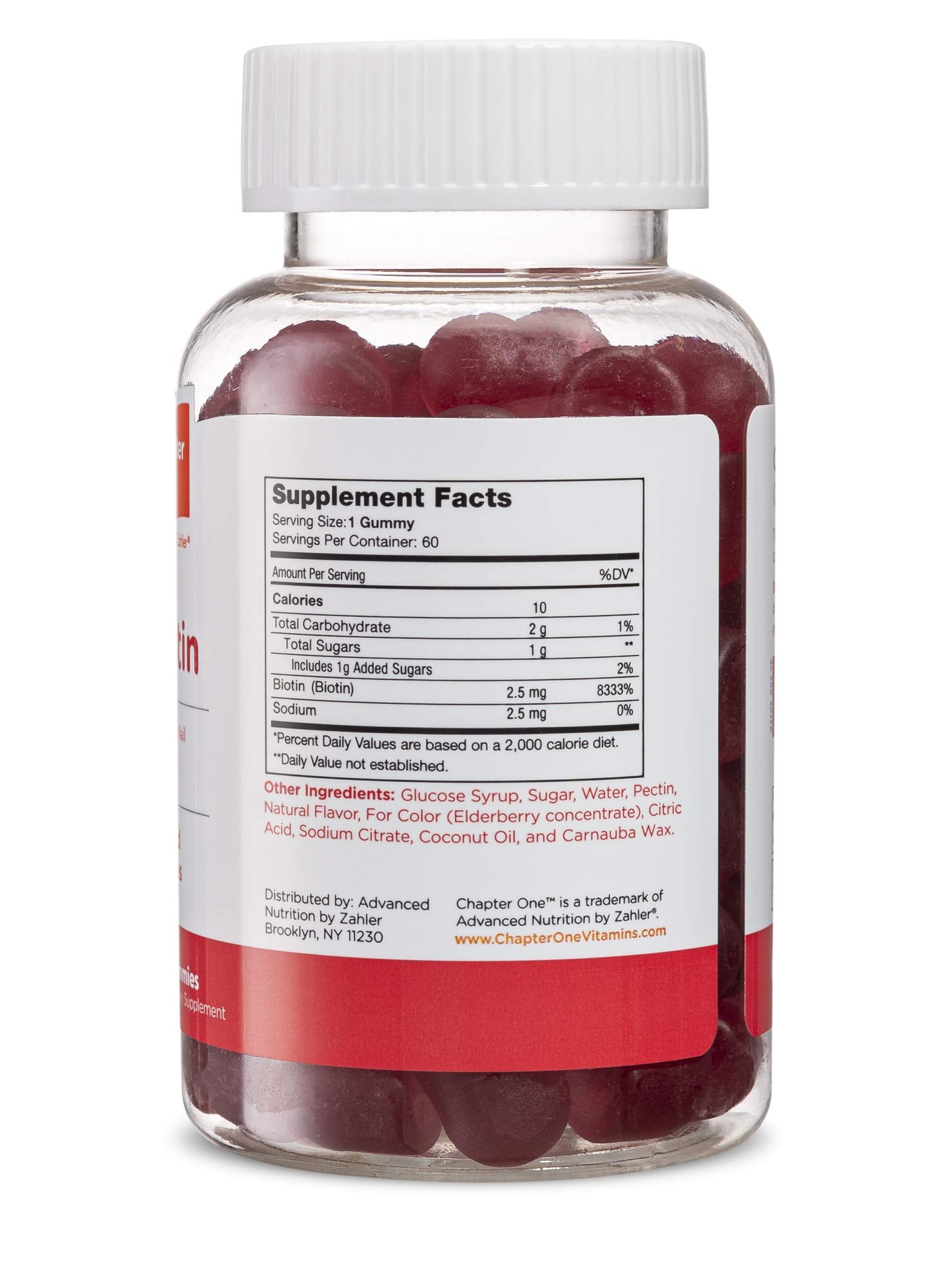 Zahler Chapter One Biotin Gummies bottle close-up with delicious fruit flavor