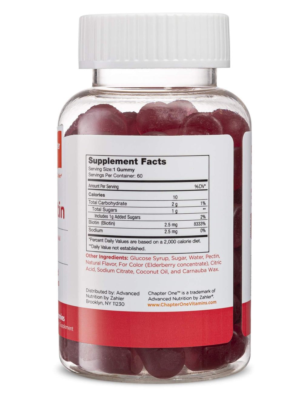 Zahler Chapter One Biotin Gummies bottle close-up with delicious fruit flavor