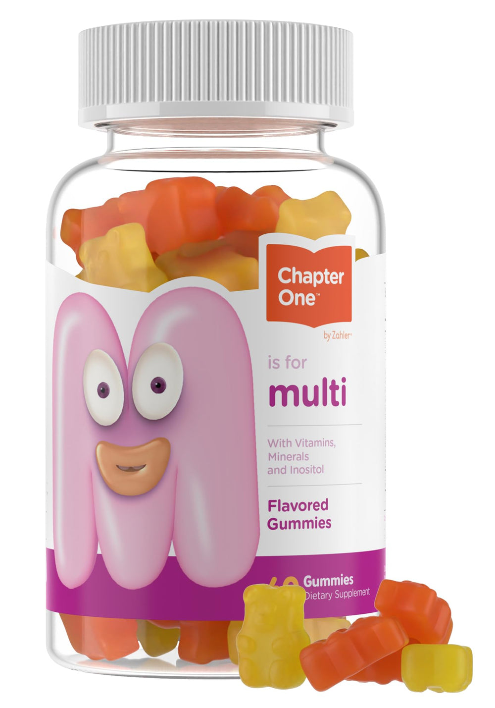 Zahler Chapter One kids multivitamin gummies jar with colorful bears; supports daily nutrition.