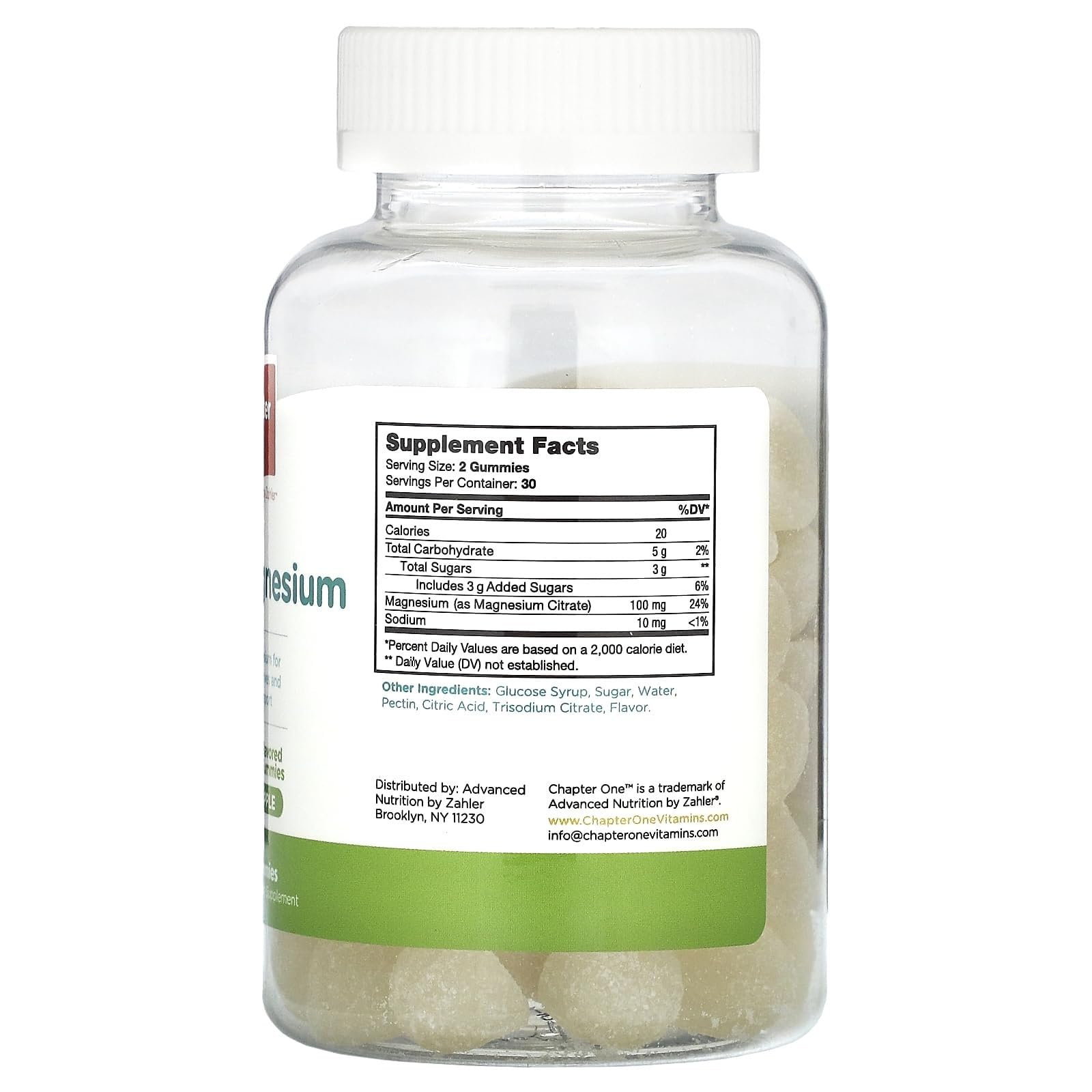 Zahler Chapter One magnesium gummies apple bottle closeup; tasty calm-support chew.