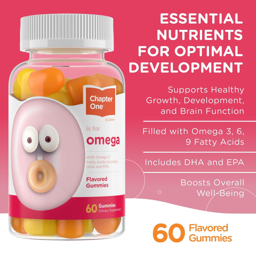 Serving of Zahler Chapter One Omega 3 Gummies highlighting kid-friendly chewable format