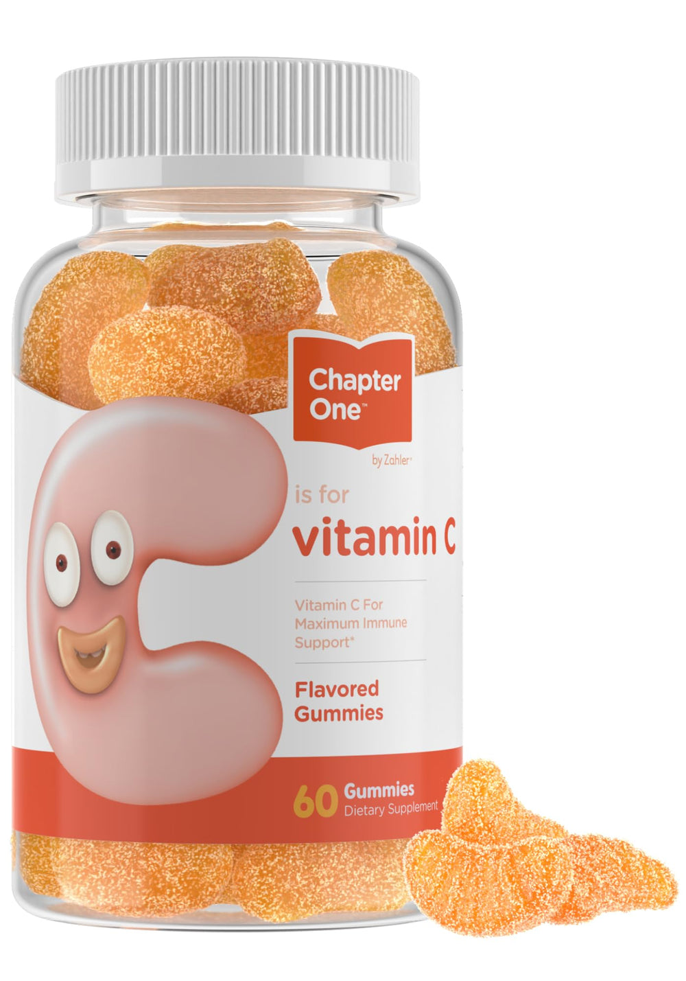 Zahler Chapter One Vitamin C Gummies bottle front shows delicious orange flavor
