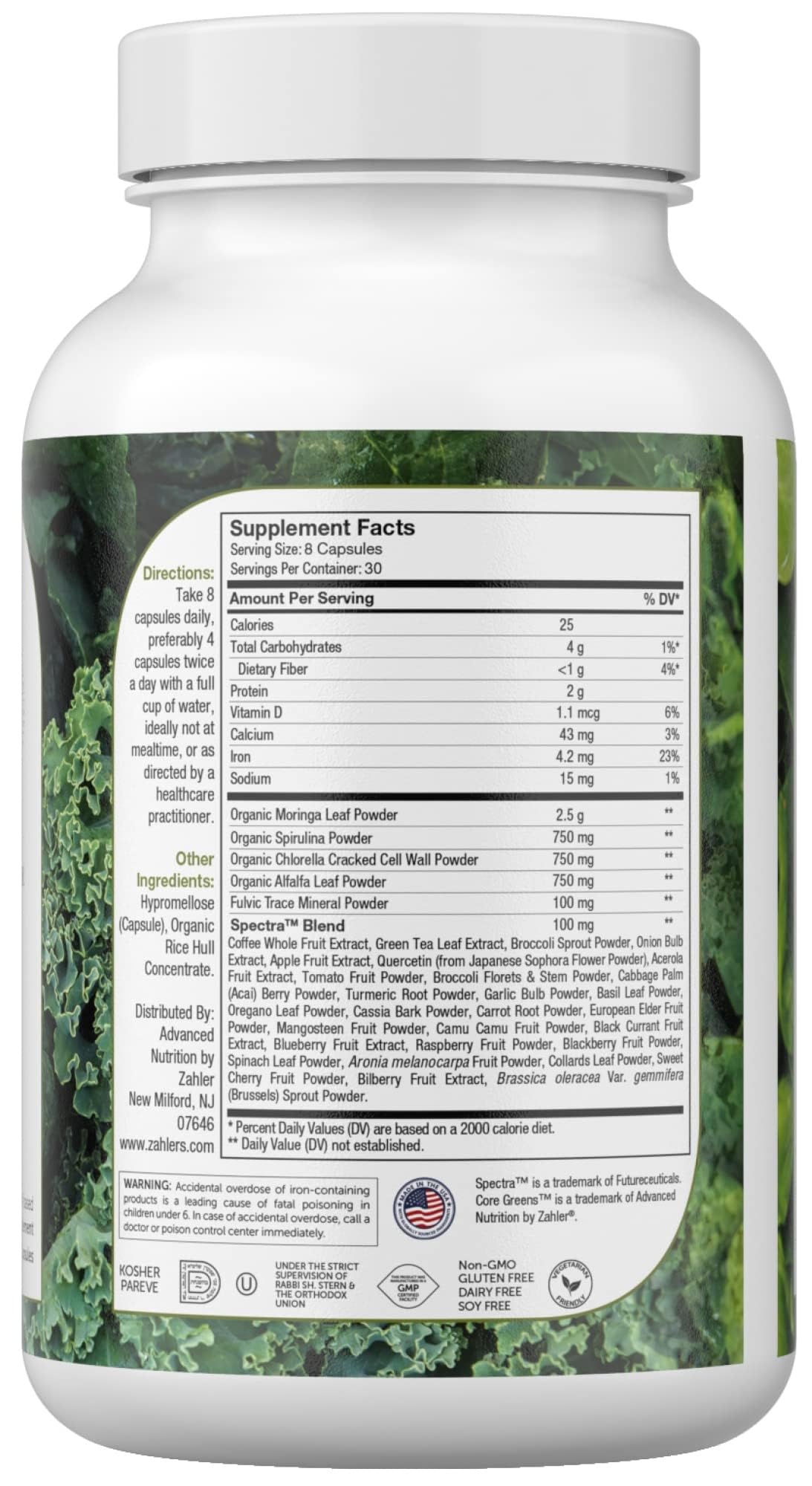Zahler Core Greens capsules close-up illustrating easy-to-swallow daily consumption.