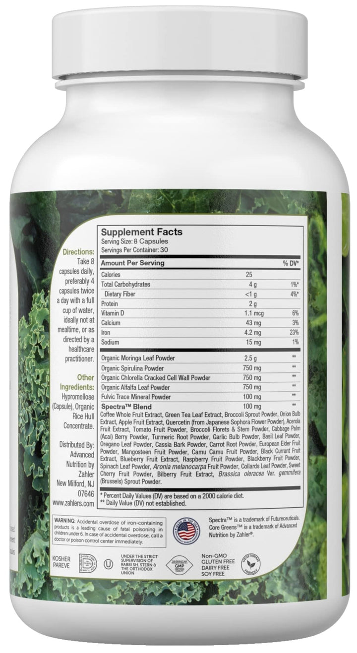 Zahler Core Greens capsules close-up illustrating easy-to-swallow daily consumption.
