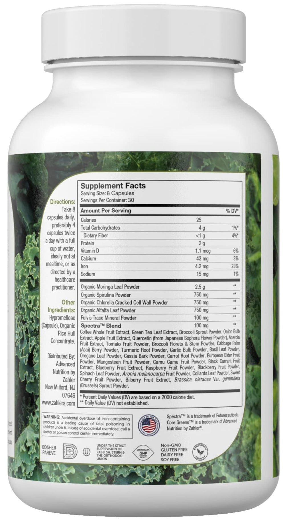 Zahler Core Greens capsules close-up illustrating easy-to-swallow daily consumption.