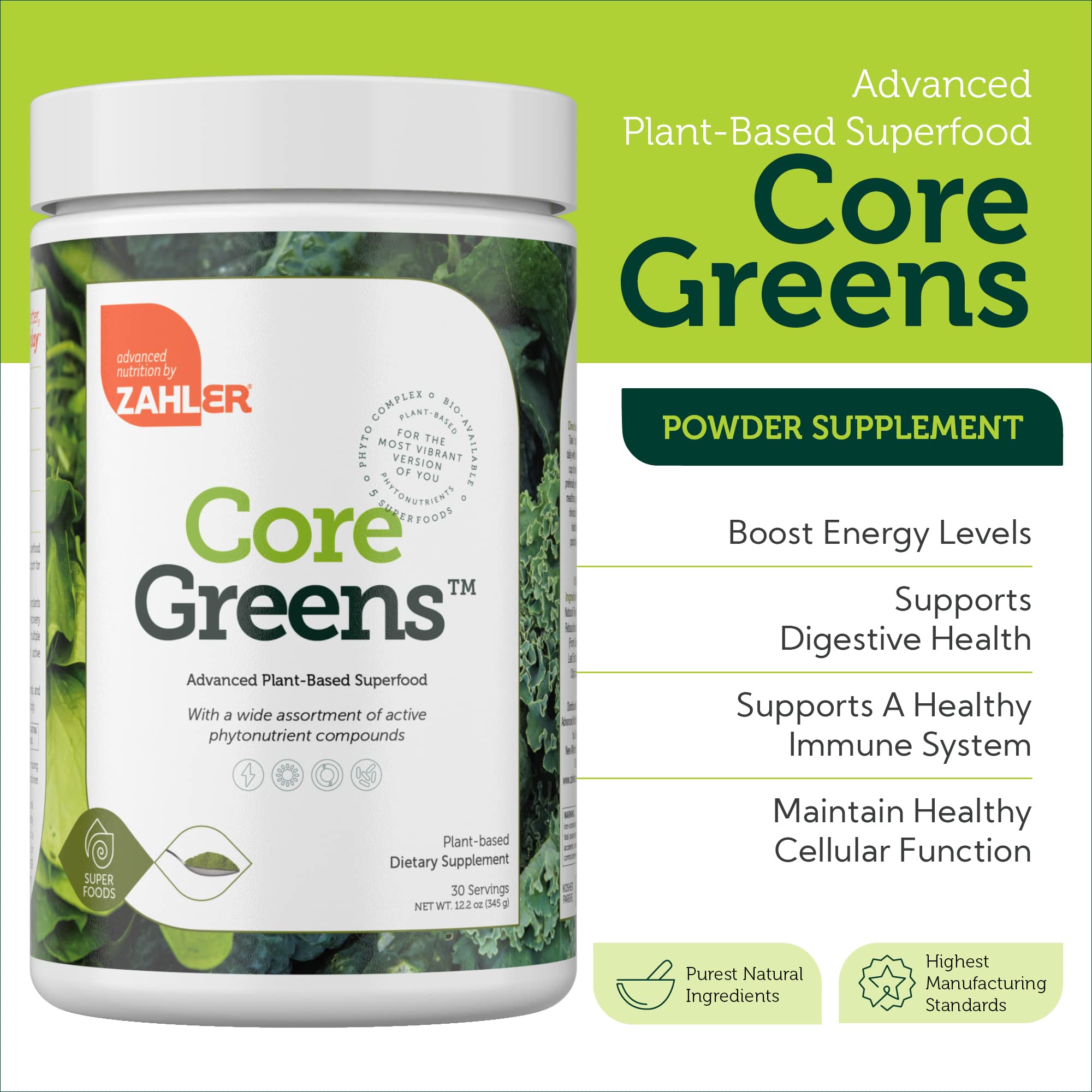 Zahler Core Greens scoop-dispensing image demonstrates easy daily greens intake
