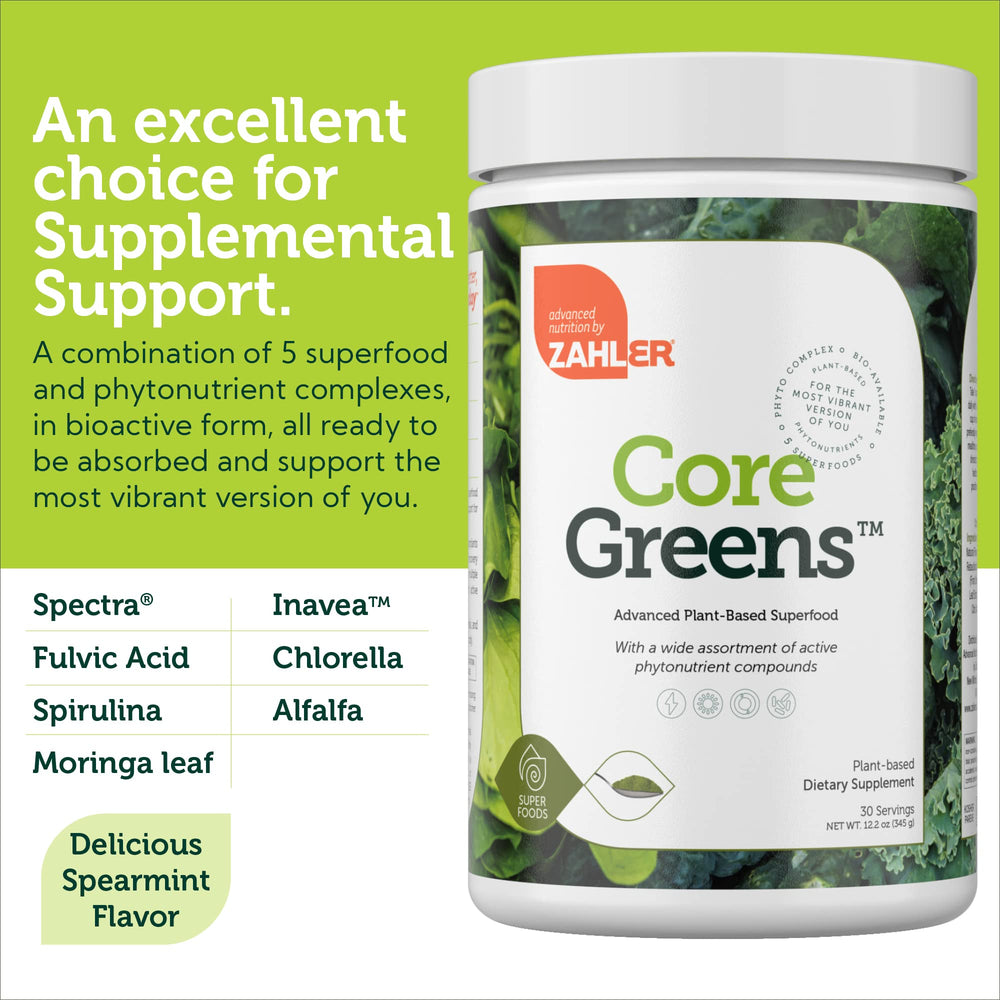 Zahler Core Greens with spirulina and chlorophyll highlights natural ingredients for energy support