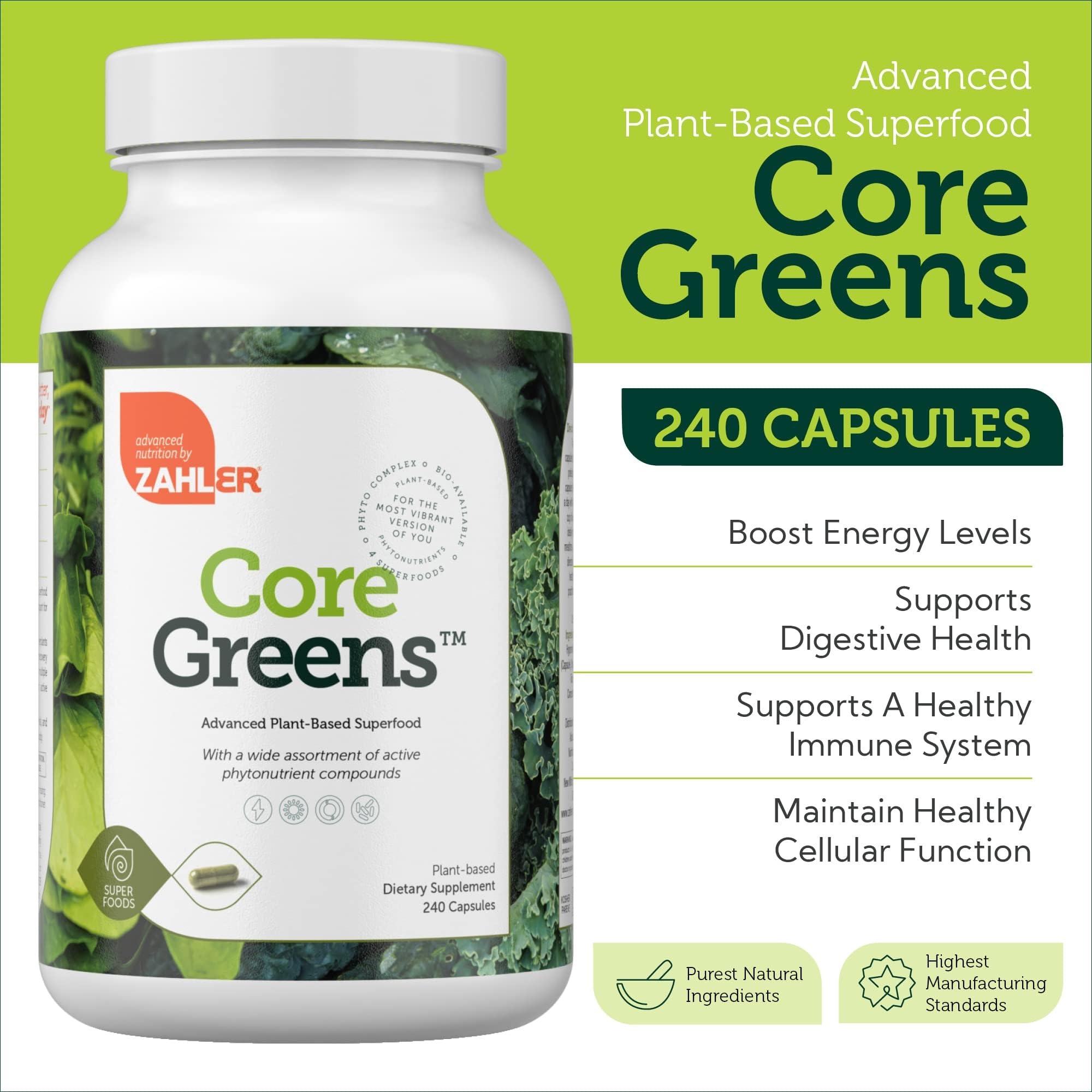 Zahler Core Greens ingredients including spirulina and chlorella for vital nutrients.