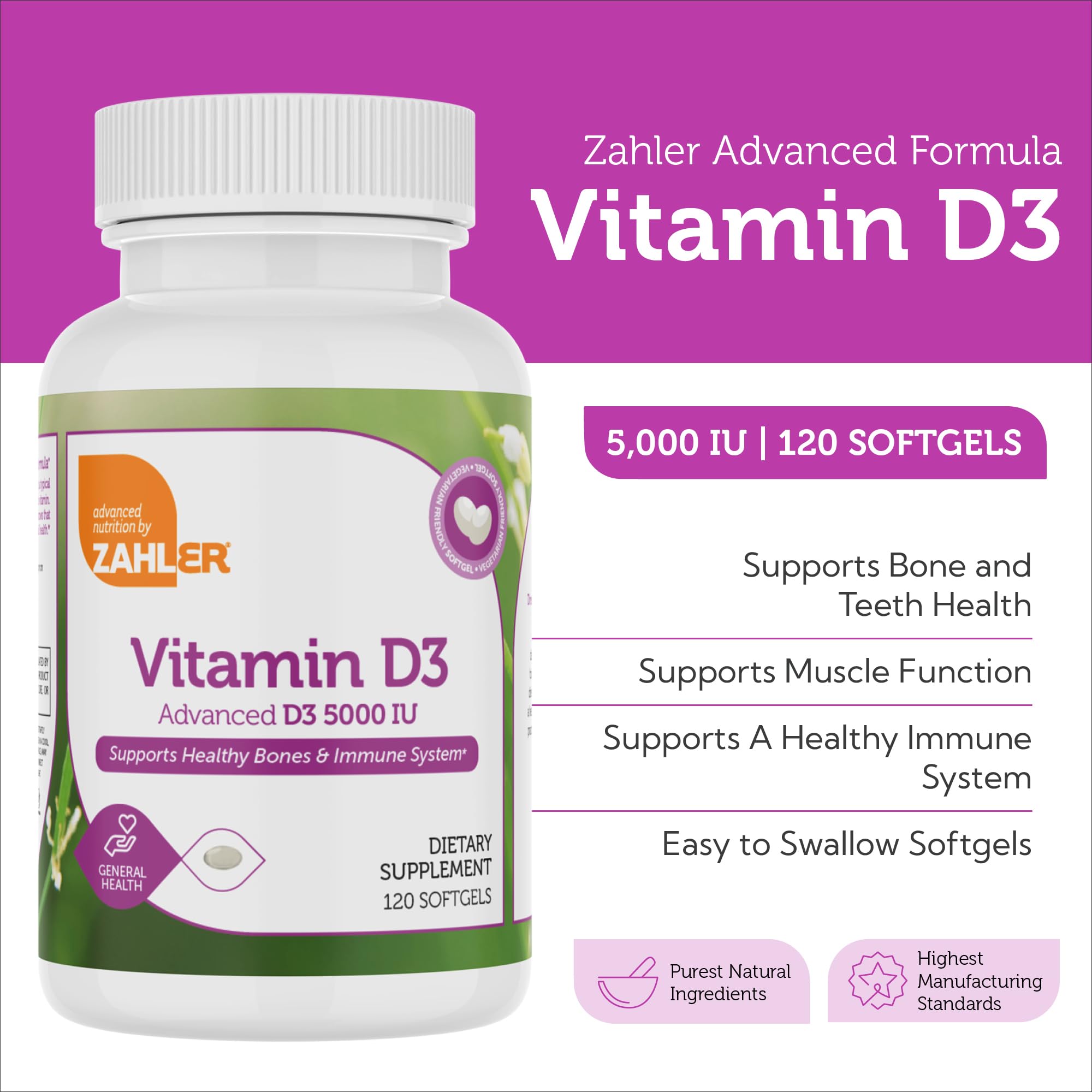Zahler D3 5000 IU softgels illustrating bone and teeth support potential benefits.