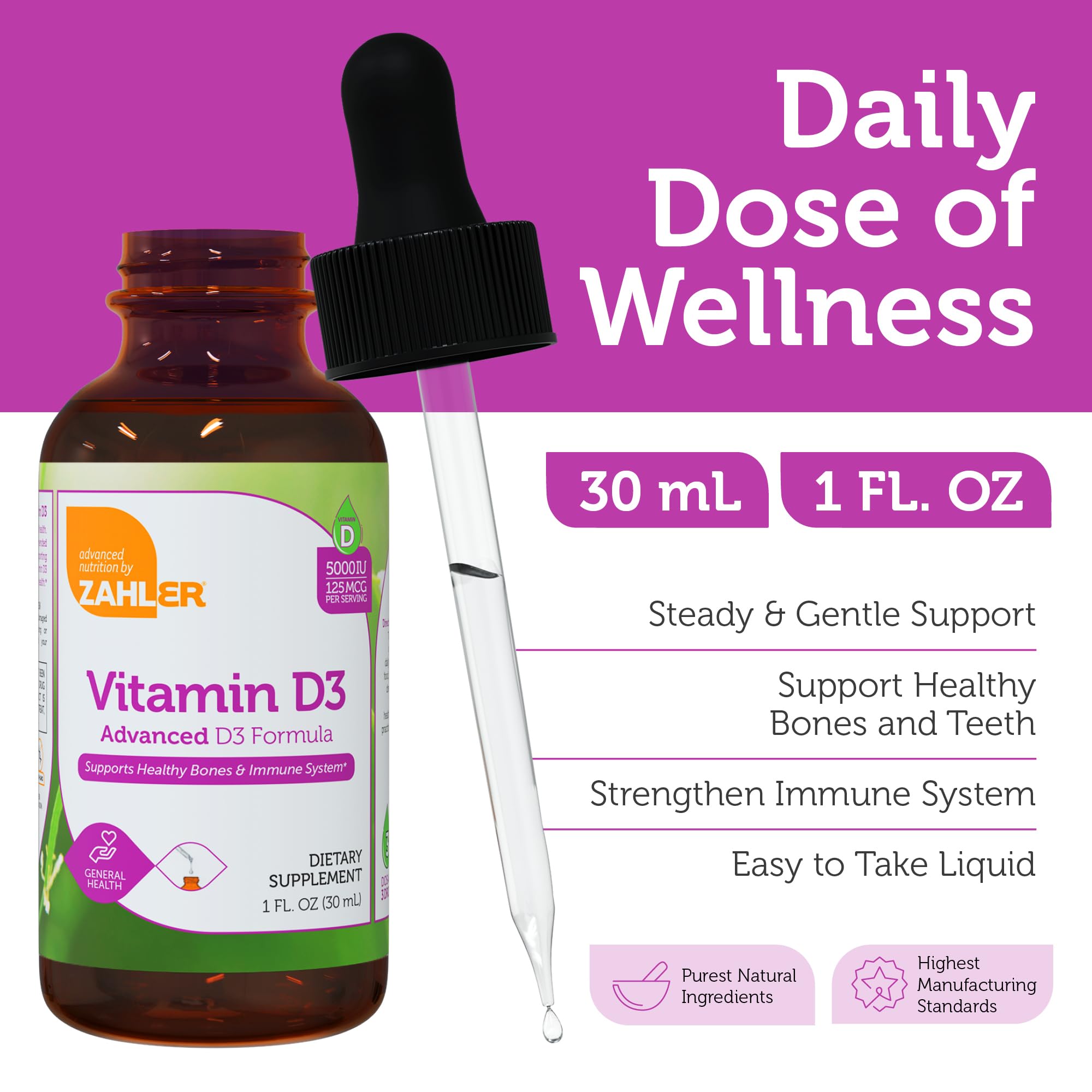 Zahler Vitamin D3 bottle label highlighting 5000 IU per serving.