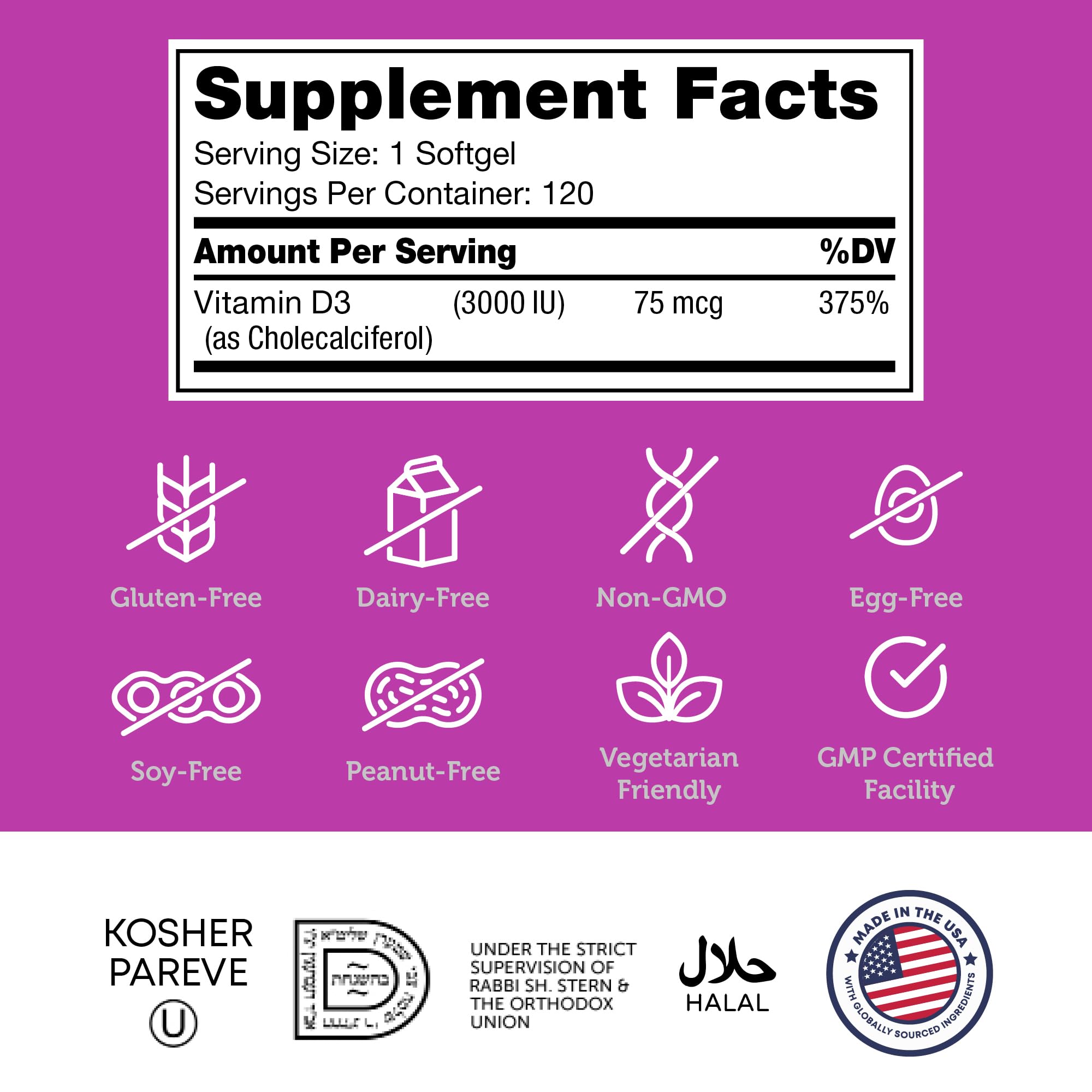 Zahler D3 softgels bottle label highlights content and usage.