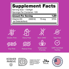 Zahler D3 softgels bottle label highlights content and usage.