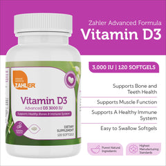 Zahler D3 softgels in hand demonstrates easy-to-swallow capsules.