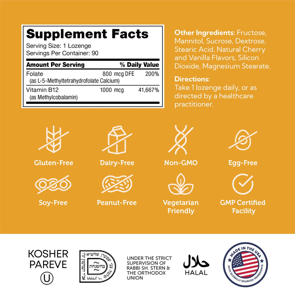Zahler Energizer bottle shows B12 and folate content per lozenge.