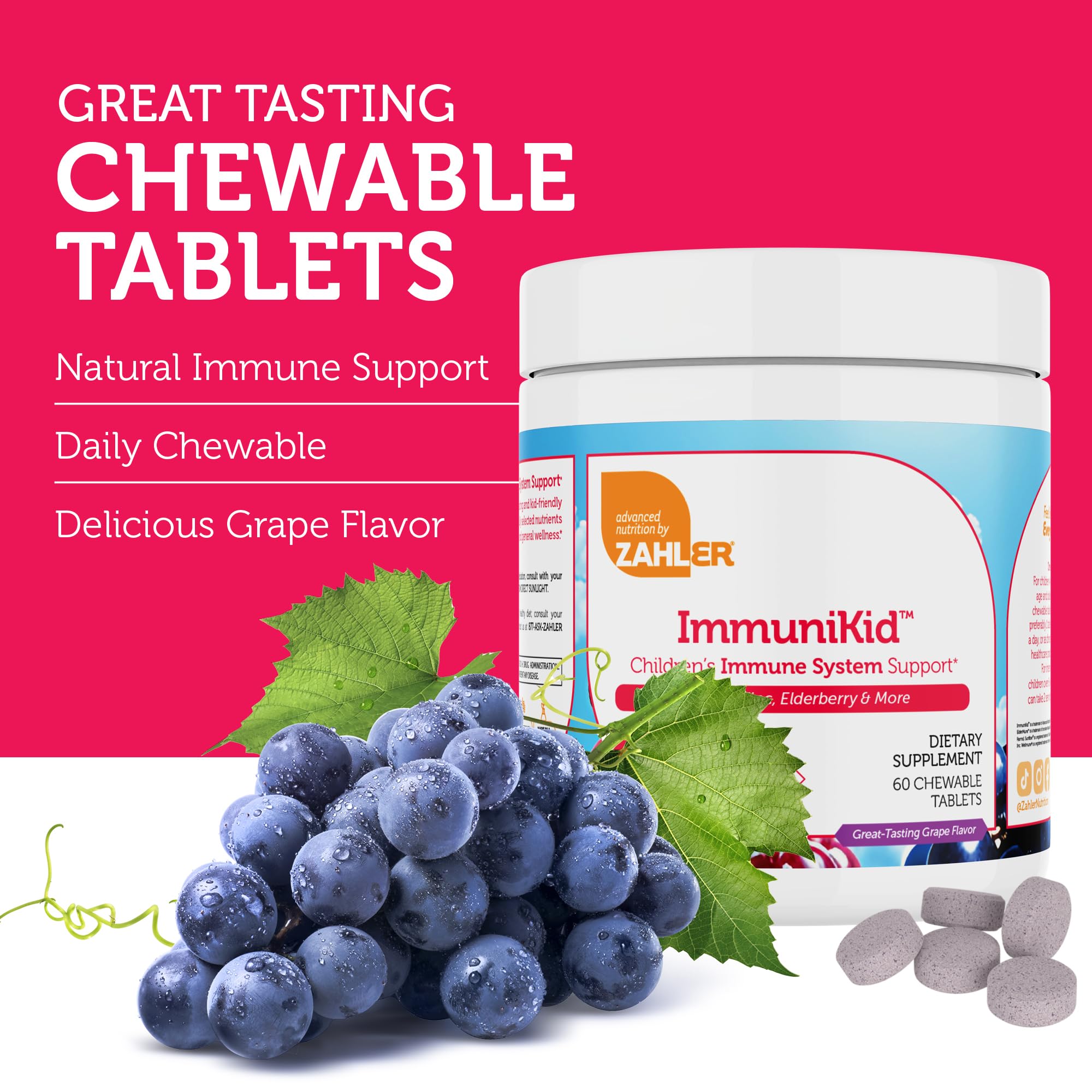 Grape-flavored Zahler chewables designed for kids.