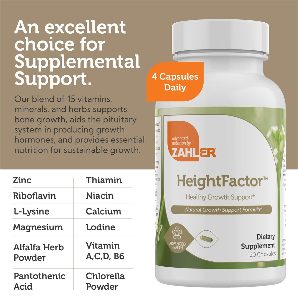 Nutrition label on Zahler Height Factor packaging highlights vitamins and minerals
