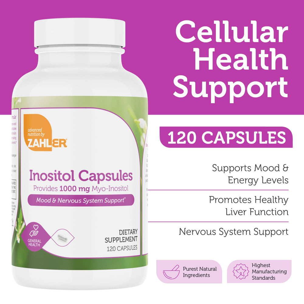 Zahler Inositol label packaging highlighting kosher, gluten-free, dairy-free notes