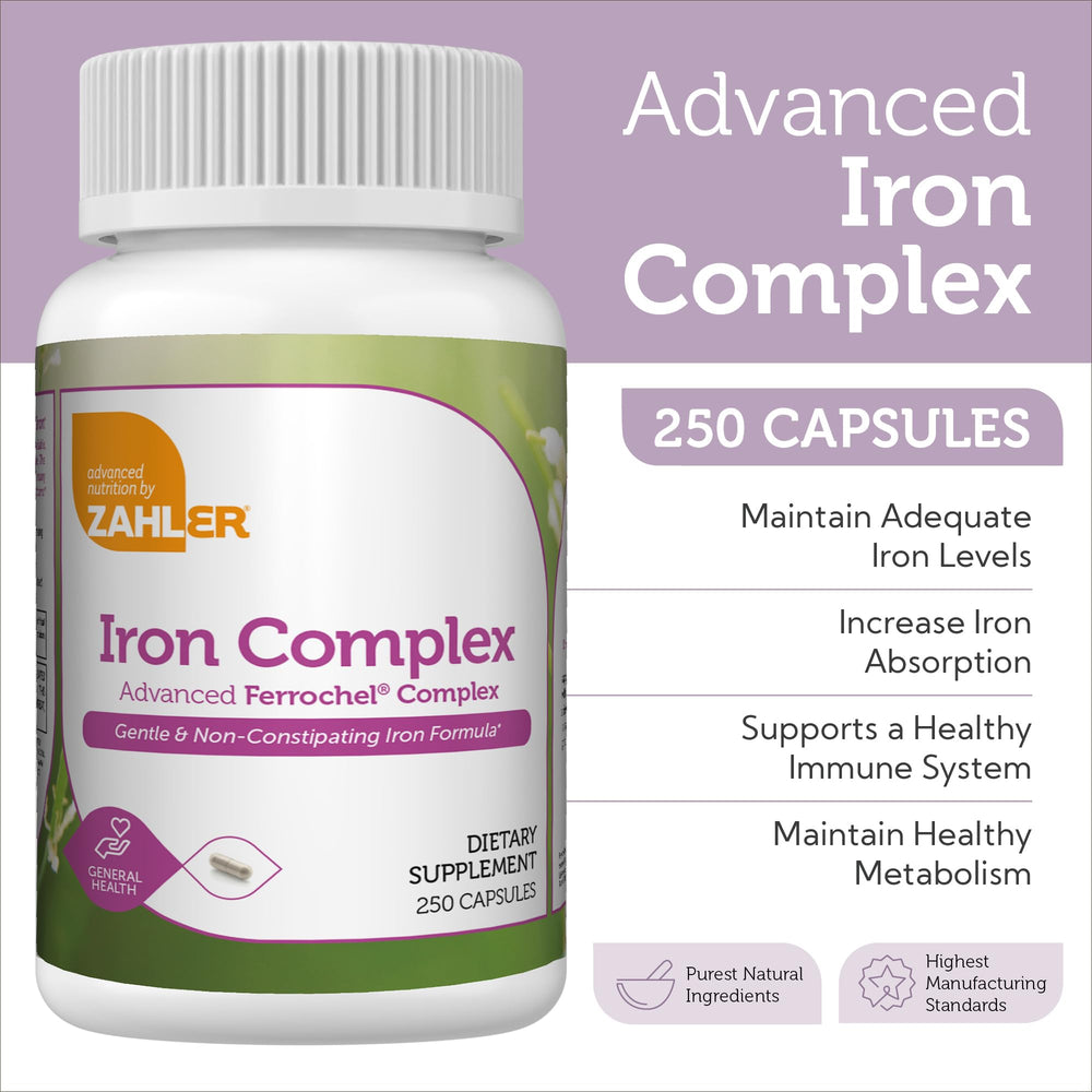 Close-up of Zahler Iron Complex capsules showing gentle, non-constipating form.