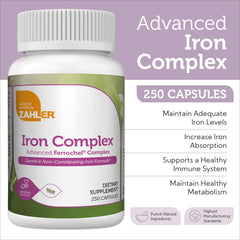 Close-up of Zahler Iron Complex capsules showing gentle, non-constipating form.