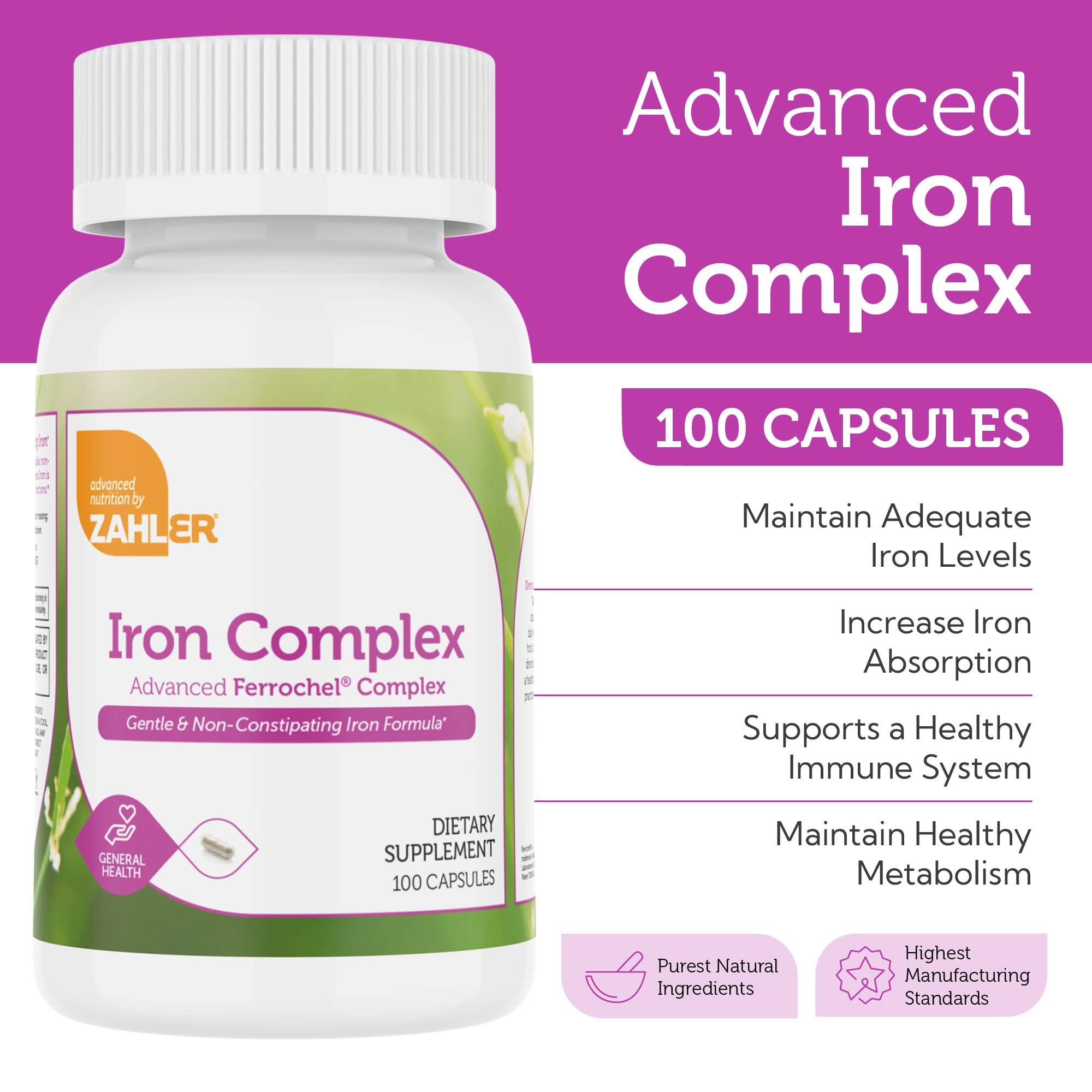 Zahler Iron Complex nutrition facts panel indicating Kosher, non-GMO quality